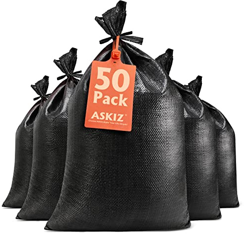 ASKIZ Heavy Duty Sand Bags With Tie Strings - 1600 Hours UV Protection, Polypropylene, 16 x 25.5 - Ultra Tough Sandbags for Hurricane Flooding (Black, 50 Bags)