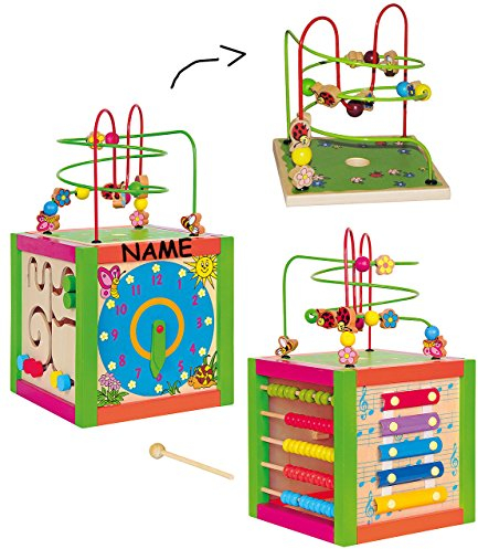 alles-meine.de GmbH großer - Motorikwürfel aus Holz - incl. Name - Lernuhr + Zählrahmen + Xylophon + Schleife + Schiebespiel - Motorikschleife/Tier Holzfigur zum Schieben/Zie..