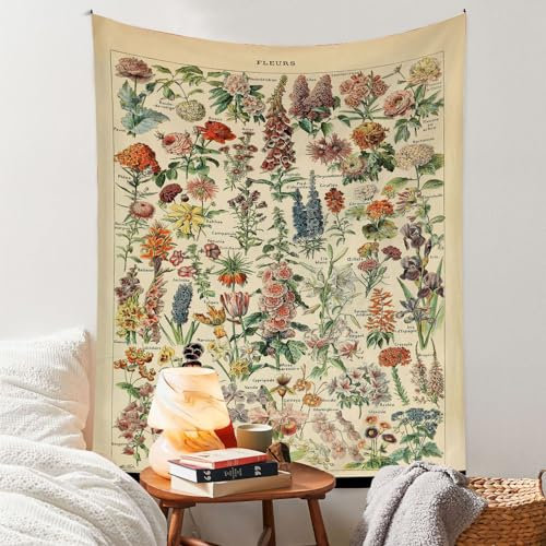 Vintage Flowers Tapestry 48” x 36”, Long Vertical Wall Hanging Reference Illustrative Botanical Tapestries for Bedroom Aesthetic Floral Tapistry Botanical Plants Tapestry Wall Hanging Cute Bedroom