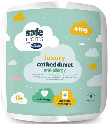 Silentnight Safe Nights Luxury Cot Bed Duvet 4 Tog - Anti Allergy Soft Breathable Snug Warm Nursery Junior Quilt for Children, Kids, Toddlers - Hypoallergenic and Machine Washable - 150x120cm