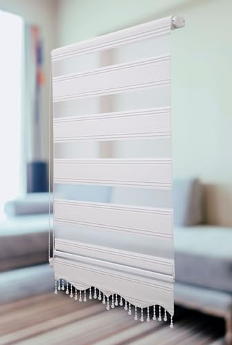 PlisseeOnline Doppelrollo Klemmfix ohne Bohren Weiß Silber Glitzer mit Perlen Duo Rollo für Fenster und Türen Plissee Rollo Gardine 70 x 200 cm Blickdicht Klemmrollo mit Perlen Seitenzugrollo