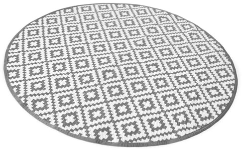 Dreamscene Round Outdoor Rug Geometric Trellis, Garden Rugs Outdoor Waterproof Foldable Non Slip Reversible Round Rug Easy Storage Summer Patio Decking, Grey/White - 170cm