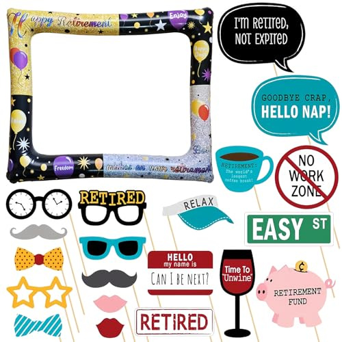 Retirement Inflatable Selfie Frame Photo Booth With 20Pcs Props - Happy Retirement Picture Frame Blow Up Party Prop Kit for Men Women Decorations