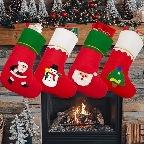 NOCHME Weihnachtsstrumpf Nikolausstrumpf Zum Befüllen 4er Weihnachtsdeko Set Vliesstoff Weihnachtsstrümpfe Kaminsocken Weihnachtssocken Für Füller Kinder Weihnachten Kamin Deko Rot