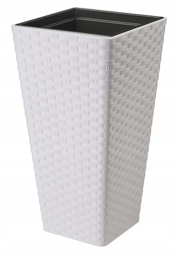 B2C Square Tall Plant Pot Elegant Large Flower Indoor Outdoor Garden Planters Rattan Look Pattern Home Patio Plastic 2 Sizes (White, H 75cm x D 40cm)