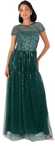 Maya Deluxe kvinnor kvinnor maxi kvinnor rund hals keps ärm randig paljett Embellished tyll A-linje evening Occasion bal klänning klänning, Smaragdgrön, 44