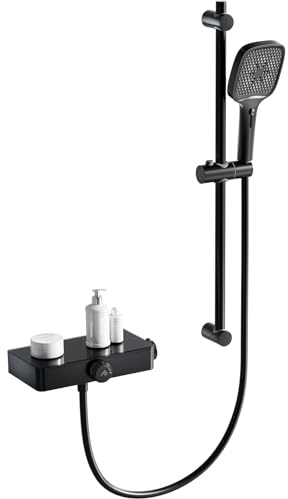 JONKEAN Duscharmatur mit Thermostat, Duschstange mit Brause und Ablage, 4 Strahlarten Handbrause Rail kit mit 1,5m Schlauch, 70 cm Duschstange Komplett (Stil B, Mattschwarz)