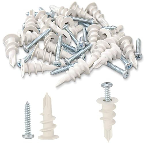 Wavanta Lot de 40 fixations pour plaques de plâtre, chevilles auto-perceuses et vis pour cloison sèche, 20 chevilles murales pour plaques de plâtre, 20 vis d'ancrage pour cloison sèche, pas de trou