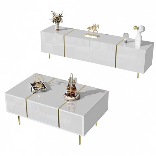 BTM High-gloss TV Cabinet with 4 Doors and Coffee Table with 2 Drawers, White TV Stand and Coffee Table Set, 170x35x46cm+100x60x41.5cm