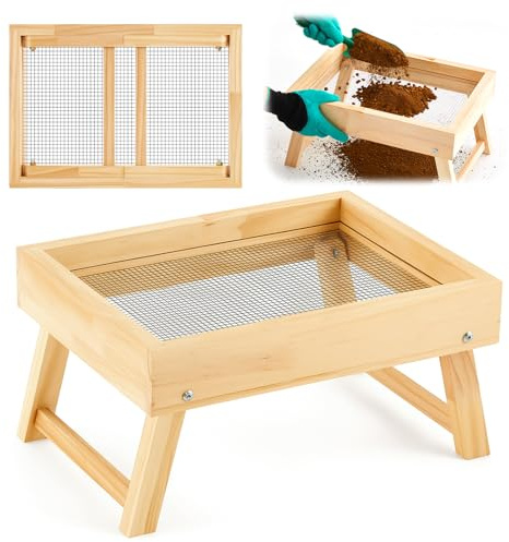Vicenpal Setaccio per terreno da 30 x 30 cm, con staffa pieghevole, per terreni da giardino, setaccio per compost in legno, setaccio per rocce, setaccio con pala, guanto, set di attrezzi, terriccio