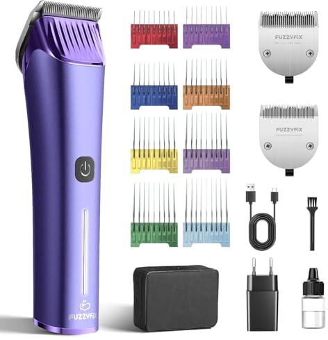 FuzzyFix Hundeschermaschine Profi mit Ersatzklinge,5-in-1 Abnehmbare Klinge Schermaschine Hund mit 2 Geschwindigkeits,Schermaschine für Hunde, Katzen, Pferde mit Metall-Aufsteckkämme,Lila
