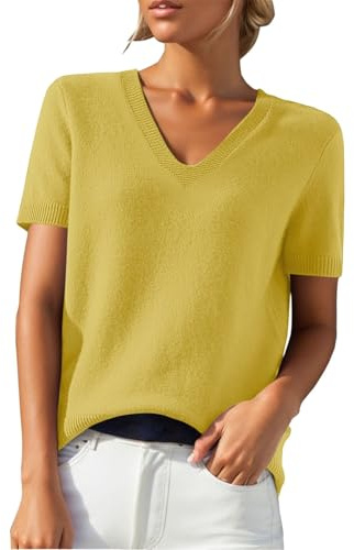 PODOLIXIA Jersey de manga corta para mujer, cuello de pico, de punto, monocolor, manga corta, jersey de punto fino, suave, respetuoso con la piel, para verano, suéter para mujer, amarillo, S