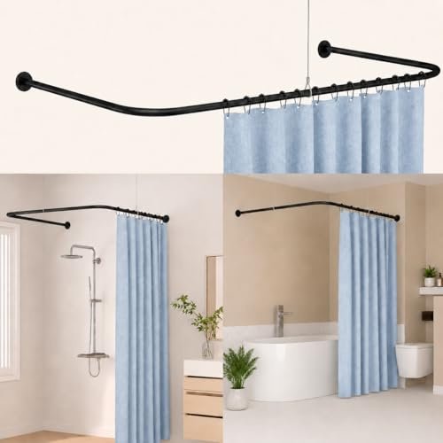 AUBWIG Duschvorhangstange U- Form & L-Form, 3-fach verstellbar (Seiten + Mittel), Edelstahl, 60–92 × 73–183 × 60–92 cm, Schwarz, inkl. Deckenstütze & 12 Ringe, für Badewanne & Dusche