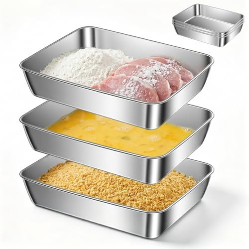 3-Piece Breading Set, 304 Stainless Steel Dredging Trays 25 x 20 x 5 cm – Stackable Breading Bowls for Schnitzel, Fish, Meat and Vegetables