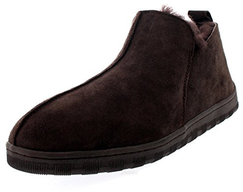 Polarr Hommes Australien Peau De Mouton Authentique Fourrure Boot Semelle en Caoutchouc Chaussons - Marron - UK9/EU43 - YC0458