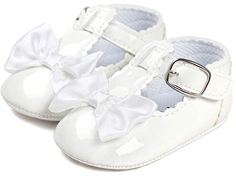 LACOFIA Scarpe da Primi Passi Bambina Scarpe da Battesimo Principessa Antiscivolo Bowknot della neonata Bianco 6-12 Mesi
