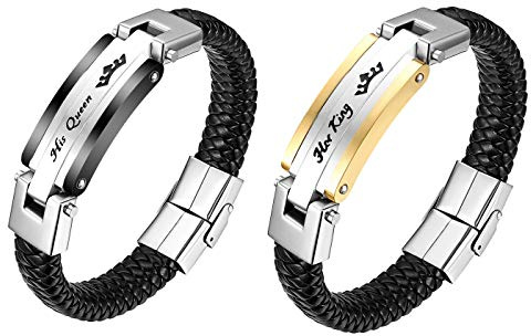 Flongo partnerarmband läderarmband BFF armband, läder rostfritt stål armband armband svart silver guld surfare flätat läderarmband med His Queen & Her King gravyr, 20 cm, Läder