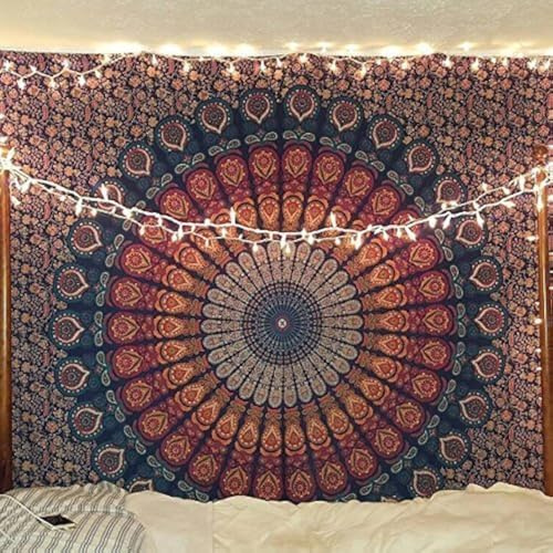 Bless International Indian hippie Bohemian Psychedelic Peacock Mandala Wall hanging Bedding Tapestry (Golden Blue, 152.40L X 137.16W cm)
