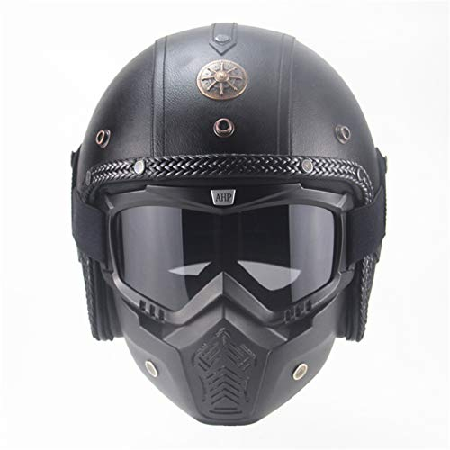 MRDEAR Vintage Scooter-Helm Herren mit Visier Maske Brille, Jethelme Rollerhelm Retro Handgemachtes PU-Leder Unisex Motorradhelm Roller Chopper Bobber Sturz-Helm, 4 Farben,A,S