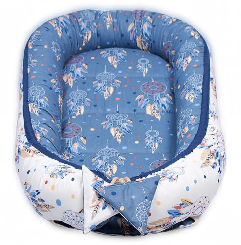 PaLulli Set 5 pezzi coccolone, comprensivo di nido per bebè 90x50, inserto removibile, coperta accogliente, cuscino piatto per neonati, 100% cotone Oeko TEX (acchiappasogni - bianco)