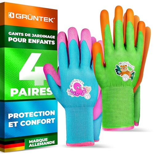GRÜNTEK Guantes de Jardinería para Niños y Niñas - Talla 4 (XXXS / 3XS) - Juego de 4 pares - Testado y Certificado según EN 420 & EN 388 - revestimiento de espuma de latex