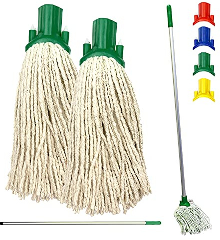 Colour Coded Floor Mop Set – 120cm Long Stainless-Steel Mop Handle and Pack of 2 String Heads Replacement for Domestic and Commercial Cleaning (Green)