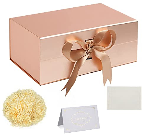 Rose Gold Gift Box with Ribbon 28x18x12cm Deep Gift Box With Magnetic Lids Shredded Tissue Paper Greeting Cards for Christmas Birthday Wedding Anniversary