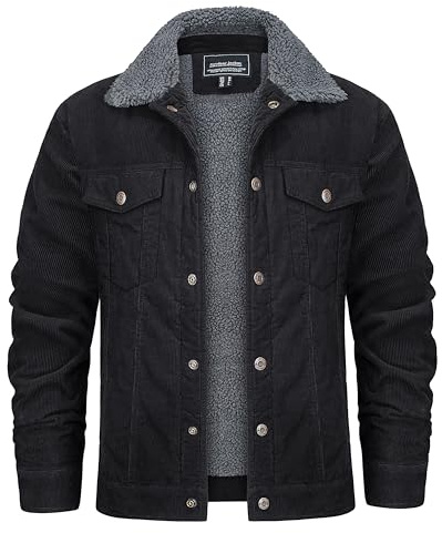 KEFITEVD Men Corduroy Jacket Fleece Lined Sherpa Cargo Jackets Windproof Trucker Jacket Cotton Winter Snap Button Coat With Pockets Black
