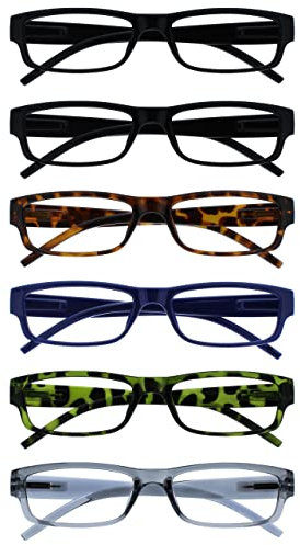 OPULIZE Ace Occhiali da lettura 6 Pack Classic Everyday Narrow Frame Graffio Resistente Primavera Cerniere Nero Uomo Donna RRRRRRRRRR32, Nero/Marrone/Blu Scuro/Verde/Grigio
