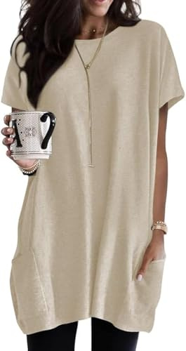 Poetsky Womens T-Shirts Plus Loose Fit Short Sleeve Long Tunic Tops to Wear with Leggings Oversized Shirts with Pockets for Women Apricot