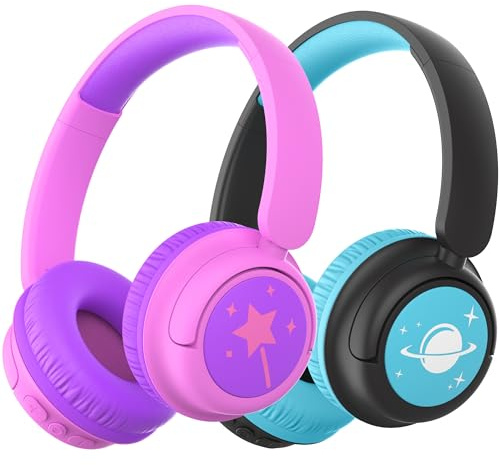 iClever BTH22 Kids Bluetooth Headphones 2 Pack, 60H Play Time, 74/85 dBA Safe Volume, Bluetooth 5.4, USB C, Over Ear Kids Headphones Wireless AUX Cord for iPad/Tablet/Travel/School, Purple&Black