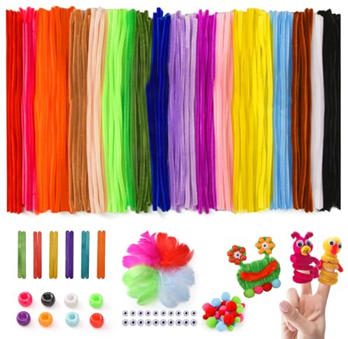 356 PCS Pipe Cleaners Craft Kit, Craft Supplies 20 Assorted Colored Chenille Stems with Craft Sticks, Pom Poms, Feathers, Pony Beads and Wiggle Eyes for DIY Arts Crafts Projects Kids Christmas