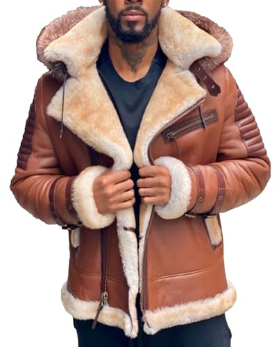 Manteau d'hiver pour homme en cuir blouson bomber à capuche avec grand col à cheveux doublé en fausse fourrure style aviateur manteaux PU, marron, XXL