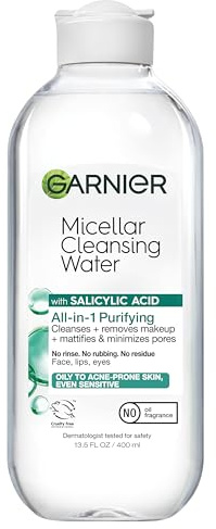 Garnier Micellar Water with Salicylic Acid, All-in-1 Mattifying Facial Cleanser and Makeup Remover for Oily and Acne Prone Skin, 13.5 Fl Oz