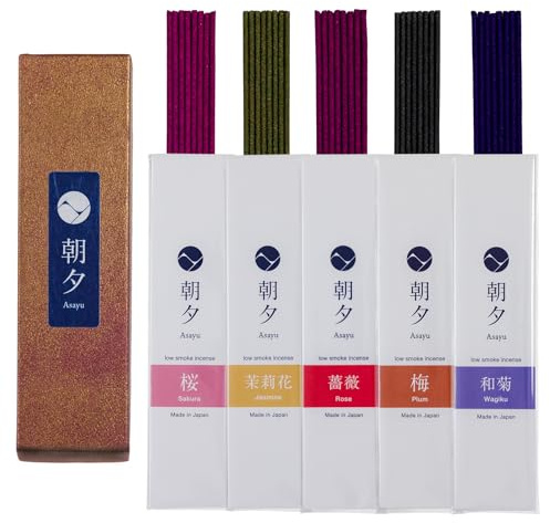Asayu Japan Set d'Incenso Naturale, Fragranze Fiorale (Sakura, Gelsomino, Rosa, Prugna e Wagiku) Assortimento di Bastoncini di Incensi realizatti in Giappone