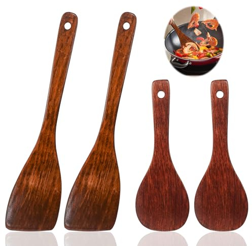 SyiXute 2 st träspatel långt handtag, värmebeständiga och icke-klibbiga träspatlar för panna, köksredskap och wok (33/21 cm)