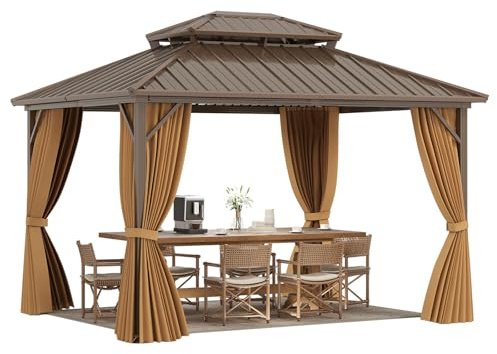 HOMASIS Gazebo Esterno Resistente a Doppio Tetto, Gazebo con Zanzariera e Tende, Padiglione da Giardino con Struttura in Metallo, Pergolato per Riunioni,Eventi, 330 x 270 x 284 cm, Marrone
