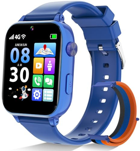 Alutoria Montre Connectée Enfant 4G GPS, Smartwatch Téléphone pour Filles Garçons avec Appel Vidéo SOS Podomètre Mode Classe, Montre Cadeau pour Enfants 5-12 Ans (Bleu)