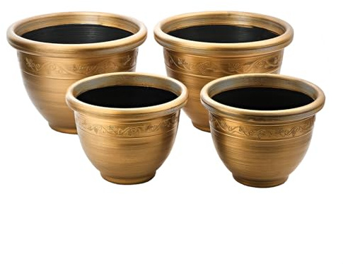 3 Pagen® Pflanztöpfe Set im Retro-Stil aus Kunststoff – 4er-Set Pflanztöpfe in Zwei Größen – wetterbeständig und leicht – Verzierung am Rand – bronzefarbenes Topf-Set zum bepflanzen