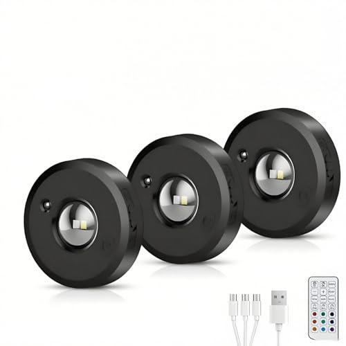 Epochglo RGB LED-spot batteri med fjärrkontroll, skåpbelysning, USB, uppladdningsbar, dimbar, vitrinbelysning, LED, trådlös, rund lampa, batteri, inbyggd lampa, indirekt belysning med timermagnet