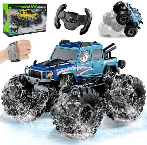 Toyzy Macchina Telecomandata 4x4 per Bambini 6-12 Anni, Veicolo Anfibio Telecomandato, Auto Radiocomandata Truck con Sensore Gesti per Sabbia, Prato, Acqua e Terreno, Giocattoli per Ragazzo (Blu)