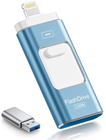 ROSPE MFi Pendrive 256GB para iPhone, Memoria USB Externa para iPhone, Pendrive USB C Lightning Compatible con Phone/iPad, Android y PC, USB 3.0 para Respaldo de Fotos, Videos y Datos de Móvil, Azul