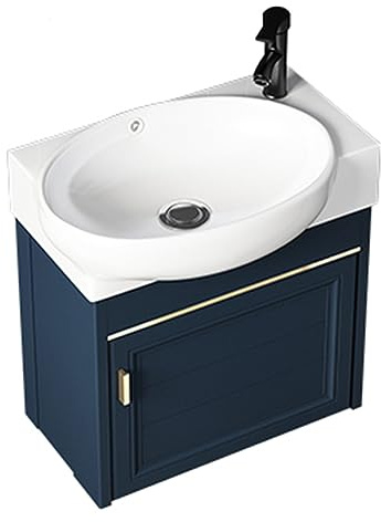 Juego de tocador de baño compacto con fregadero, diseño de esquina, lavabo montado en la pared y armario de almacenamiento para espacios pequeños, ideal para renovación de baño