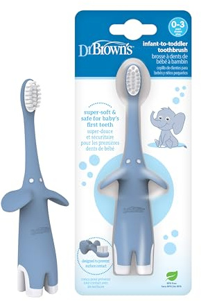 Dr. Brown’s Cepillo de Dientes para Bebés de 0 a 3 Años con Forma de Elefante - Filamentos Extrasuaves - Mango Fácil de Agarrar para Manitas Pequeñas - Sin BPA - Color Azul