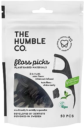The Humble Co. Bastoncini di filo interdentale vegetale, carbone attivo, ecologico, vegano, senza zucchero, raccomandati dai dentisti, rimuove la placca e dona una sensazione di freschezza (1 x 50 p)