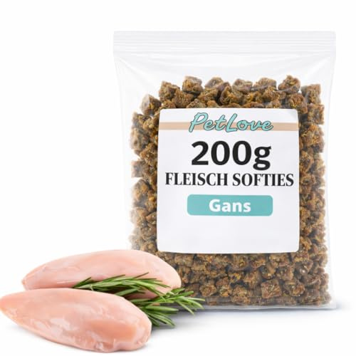 PetLove Croquettes de Viande Moelleuses pour Chiens Adultes et Chiots • Teneur en Viande 63%, Sans Céréales • Friandises pour Entraînement • Oie (200 g)