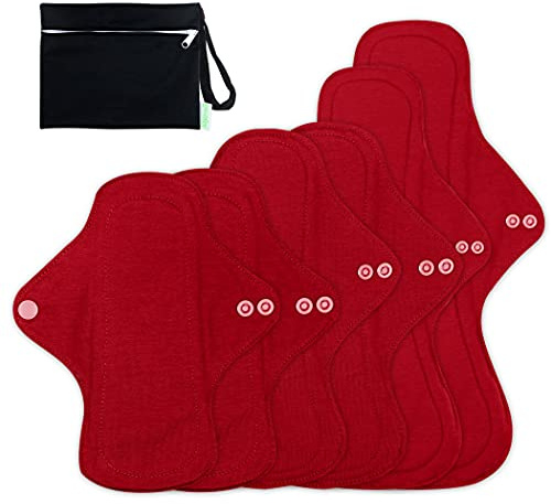 wegreeco 6 Pcs Reusable Menstrual Pads, Ultra Absorbent Cloth Pads for Heavy Flow, Sanitary for Teens, Women, Nonslip Panty Liners + Bag (Burgundy, Starter Kit Set)