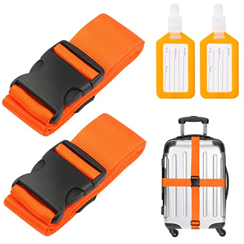 2PCS Luggage Straps and 2pcs Luggage Tags Adjustable Travel Luggage Belts Packaging Bag Buckle Belt Multi-colours Straps choices for suitcase, bag, boxes(Orange)