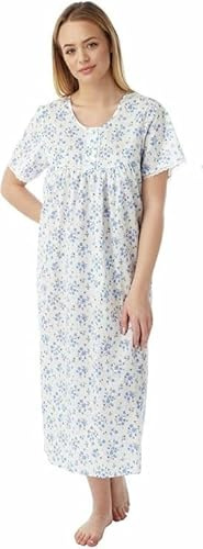 iTRONiK NEW Ladies Floral Poly Cotton Nightdress Nightie Size 10-30 Plus Size Pink Lilac or Blue (Blue, 24-26)