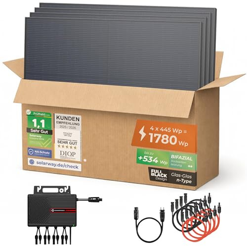 Solarway® 1780Wp / 2000-800W Balkonkraftwerk komplett Steckdose - neuester 2000 Watt Wechselrichter - Solaranlage Komplettset - 445W bifaziale Solarmodule & Envertech & Zubehör
